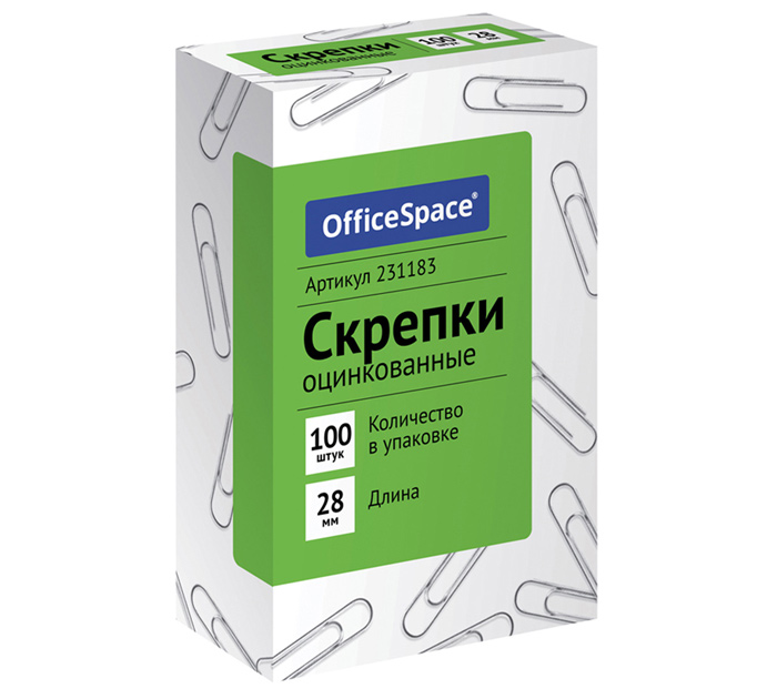 Скрепки OfficeSpace оцинкованные, 28мм, 100шт