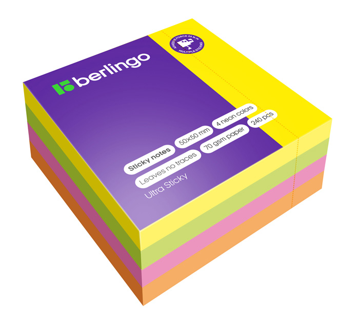 Стикеры Berlingo «Ultra Sticky» 50х50мм, 4 неоновых цвета, 240л