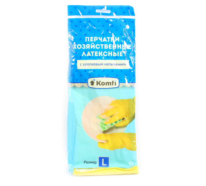 Перчатки резиновые Komfi латексные, размер L, с х/б напылением, 1 пара