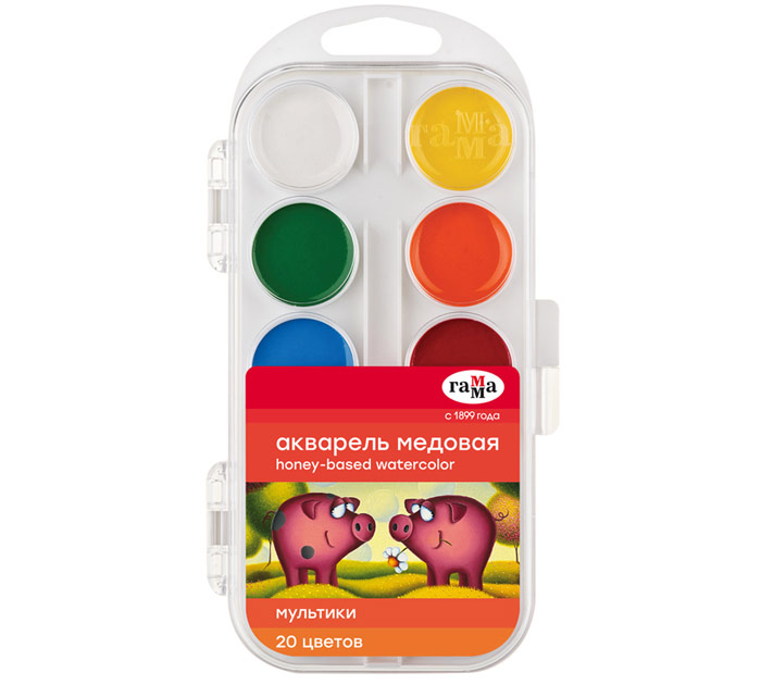 Краски акв.  20цв. б/кисти медов. Гамма Мультики