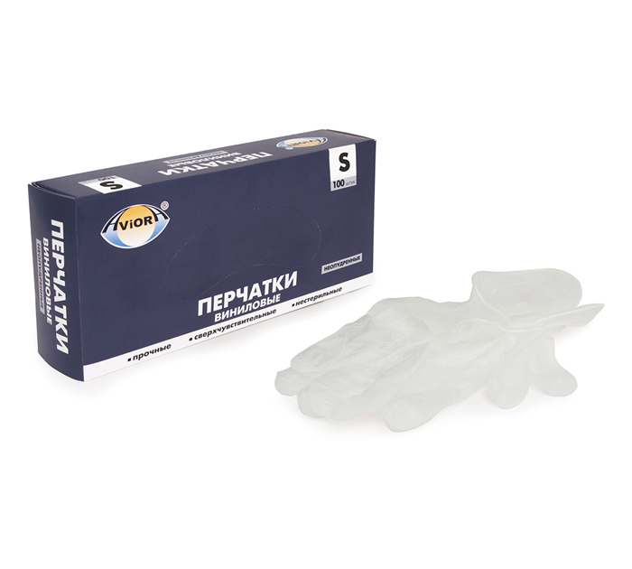 Перчатки одноразовые Aviora неопудренные, виниловые, 100шт, S
