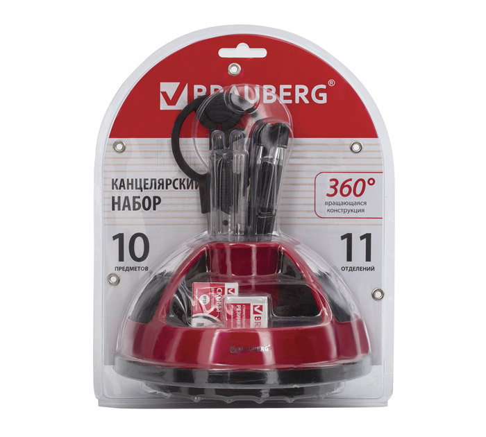 Набор настольный канцелярский Brauberg «Микс» 10 предметов, черно-красный, вращающийся