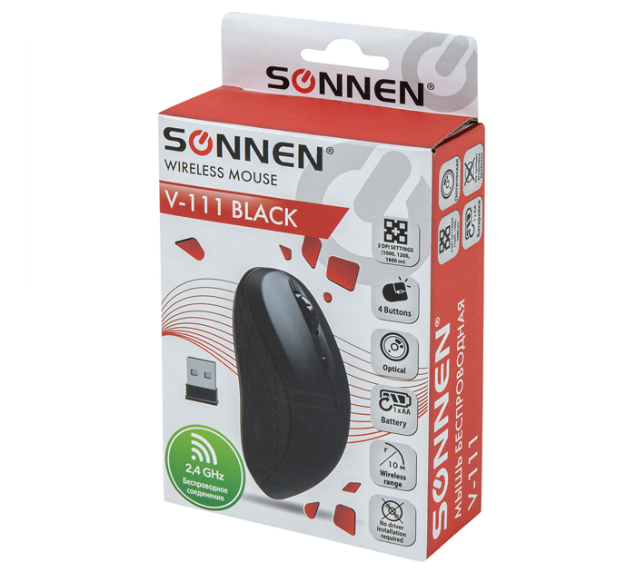 Мышь компьютерная Sonnen V-111 беспроводная, 4 кнопки, радиус действия 10м, черная