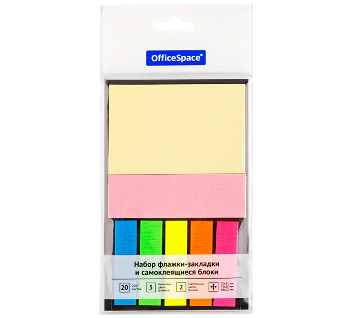 Стикеры OfficeSpace +закладки бумажные, 75х51мм, 75х25мм, 48х12мм, 20л неонового цвета