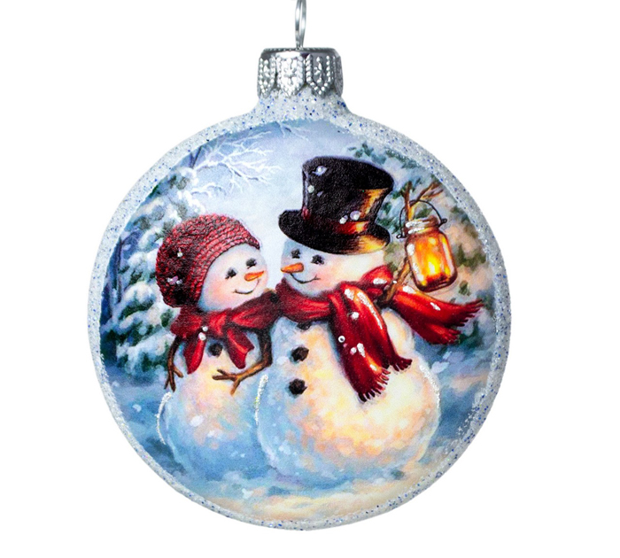 Елочная игрушка стеклянная  «Медальон-Снеговики», ручная роспись