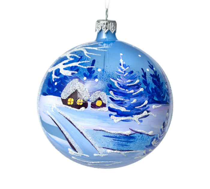 Шар елочный стеклянный  «Голубой пейзаж на закате», ручная роспись