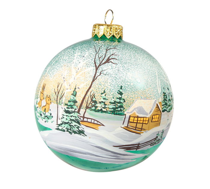 Шар елочный стеклянный  зеленый, ручная роспись