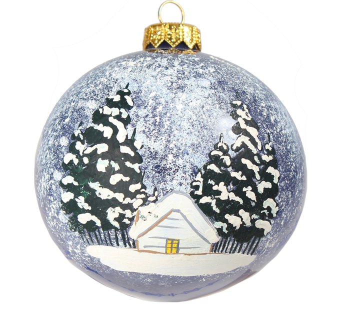 Шар елочный стеклянный  синий, ручная роспись