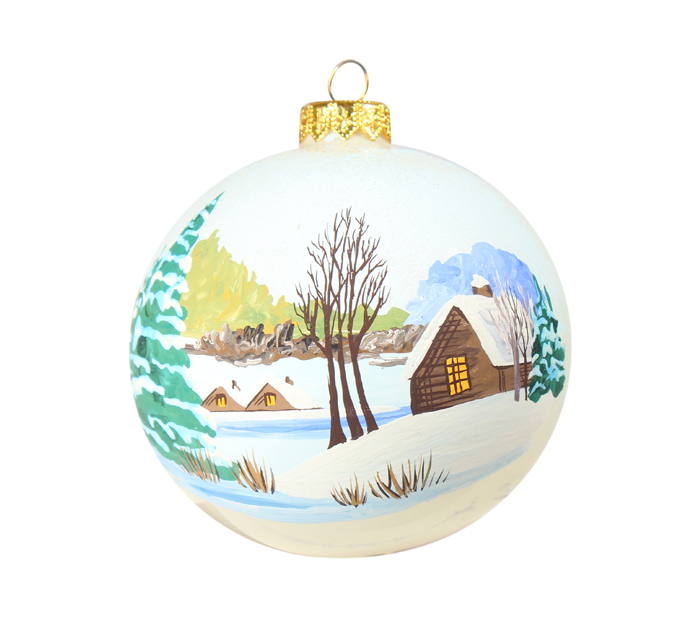 Шар елочный стеклянный  белый, ручная роспись