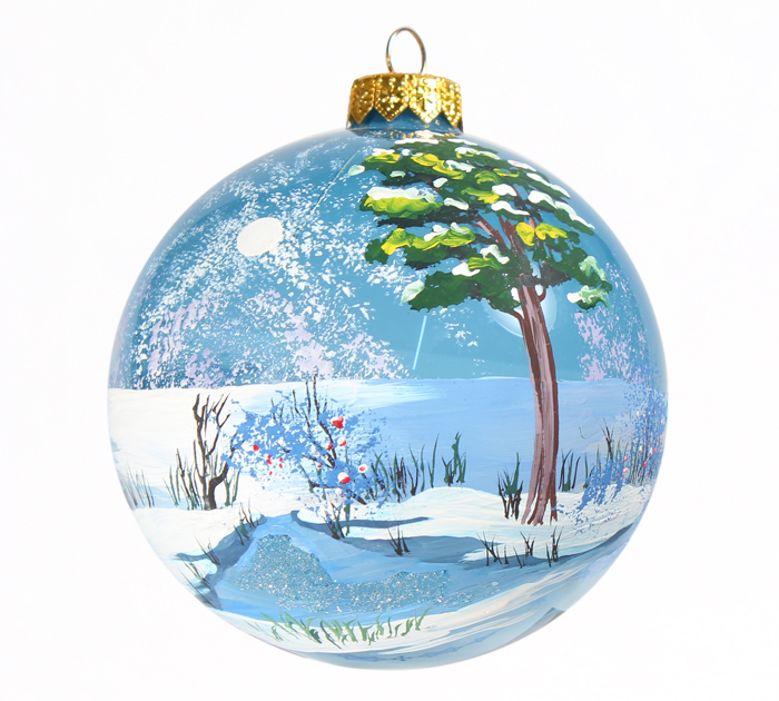 Шар елочный стеклянный  голубой, ручная роспись