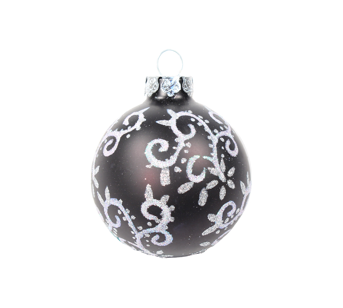Шар елочный стеклянный  черный с декором, 6см