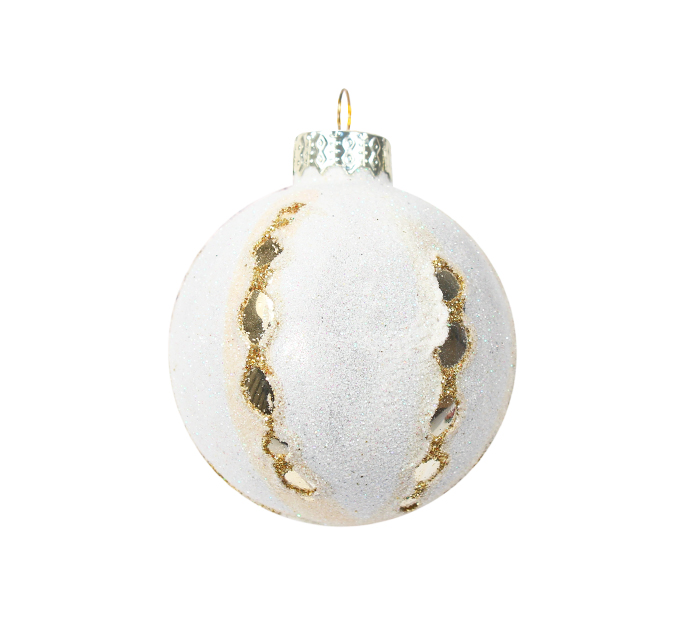 Шар елочный стеклянный  белый с золотом, 6см