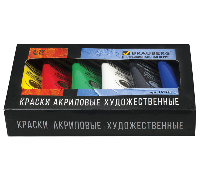 Краски акриловые Brauberg 6 цветов, 75мл/туба