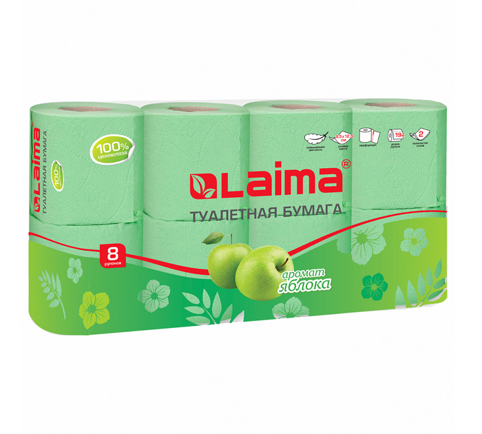Туалетная бумага Laima 2-слойная, 8 рулонов, аромат яблока, со втулкой