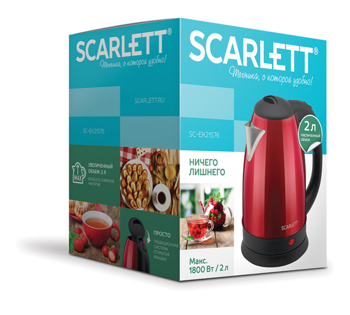Электрочайник Scarlett 2л, 1800Вт, нержавеющая сталь, красный