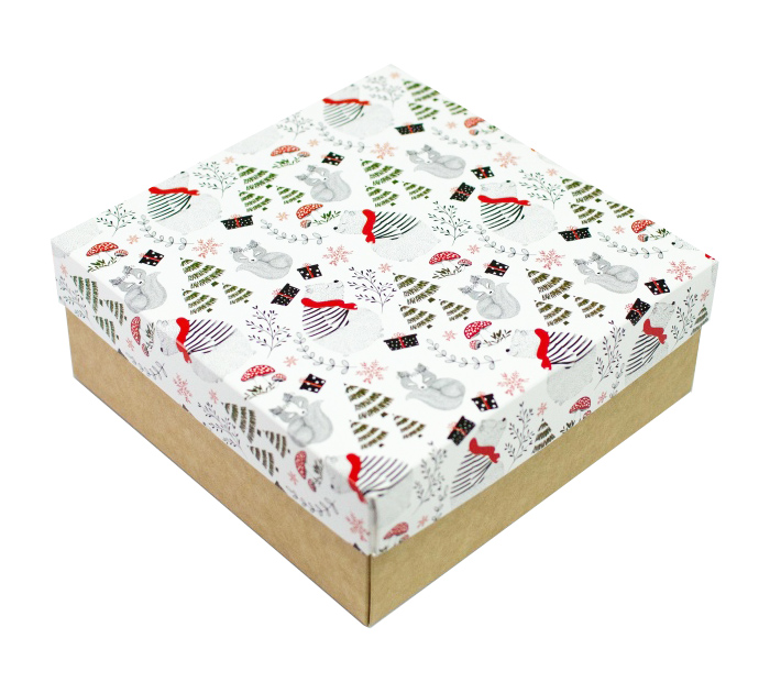 Коробка подарочная новогодн. 200*200*80 крафт дно Panda Print Белый медведь с шарфом