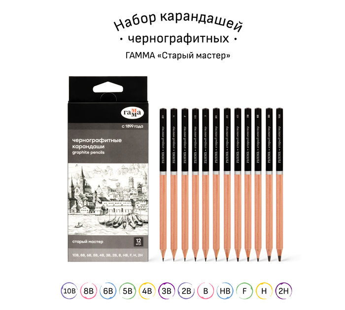 Карандаши Гамма «Старый мастер» 10H-2H, 12шт