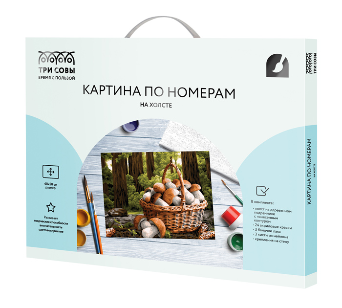 Картина по номерам Три совы «Грибное лукошко» на холсте, 40х50см