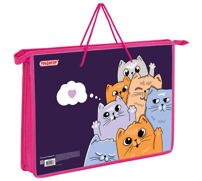 Папка-портфель пластиковый Пифагор «Cats greetings» А4, на молнии, 1 отделение