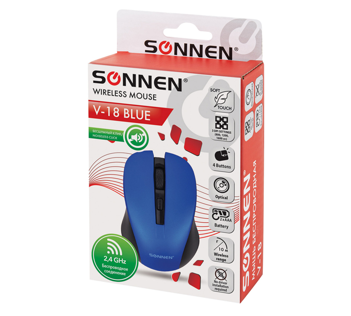 Мышь компьютерная Sonnen «V18» беспроводная, 4 кнопки, радиус действия 10м, синяя