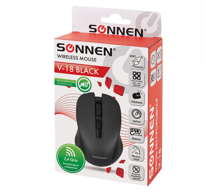 Мышь компьютерная Sonnen «V18» беспроводная, 4 кнопки, радиус действия 10м, черная