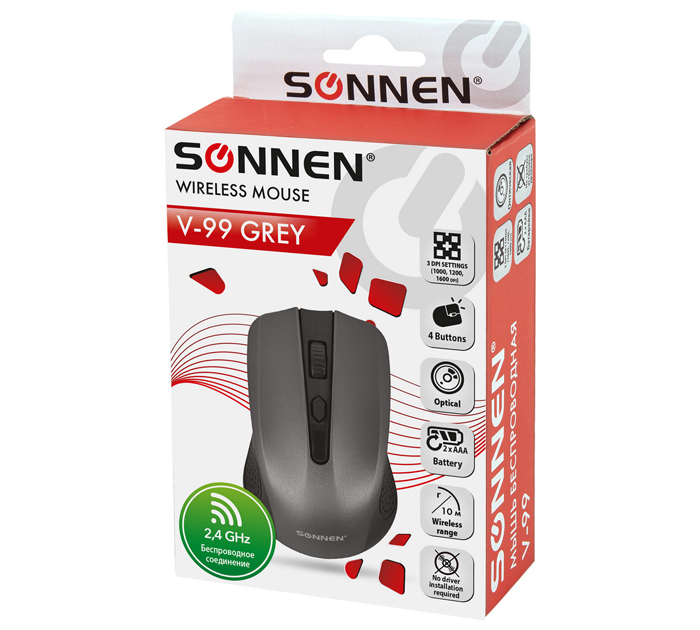 Мышь компьютерная Sonnen «V99» беспроводная, 3+колесо-кнопка, радиус действия 10м