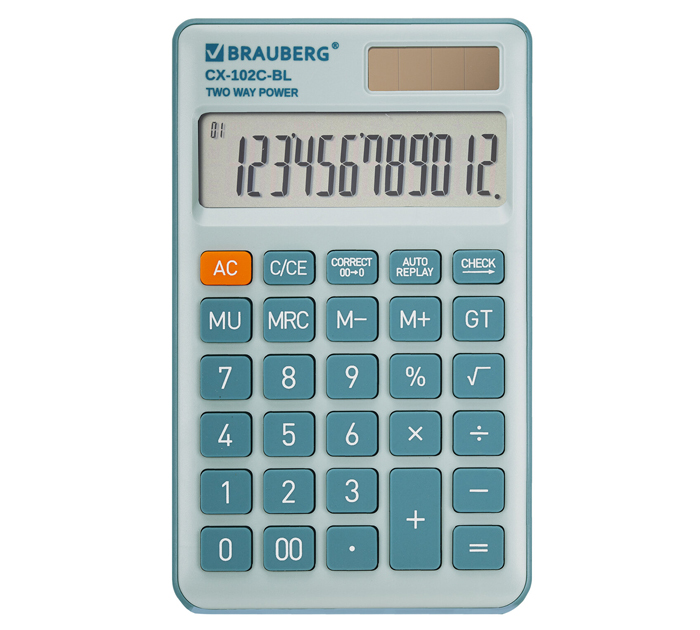 Калькулятор 12 разрядов Brauberg «CX-102C-BL» карманный, голубой, 76х126мм