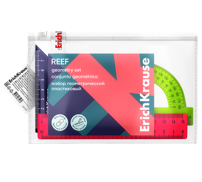 Набор геометрический Erich Krause «Reef» 3 предмета (треугольник + линейка 15см + транспортир)