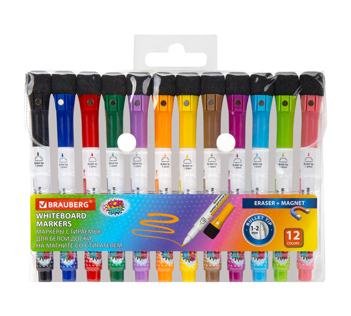 Маркеры для доски (набор) Brauberg «Pop-art» 12 цветов, 1-2мм, на магните, со стирателем