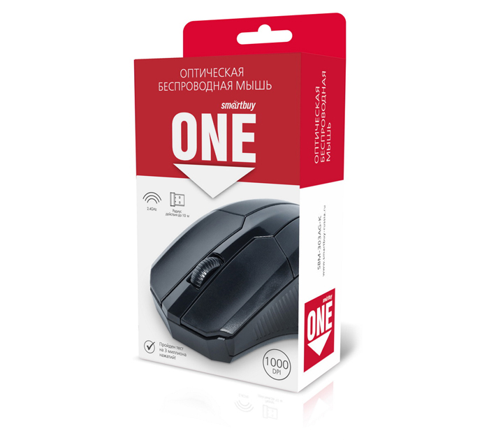 Мышь компьютерная Smartbuy One 303AG-K беспроводная, 2+колесо-кнопка, радиус действия 10м, черная