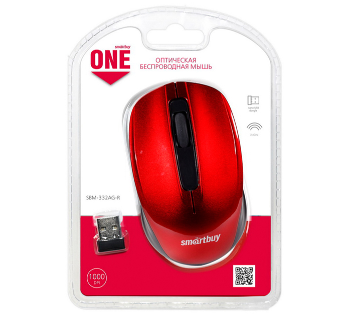 Мышь компьютерная Smartbuy ONE 332 беспроводная, 3+колесо-кнопка, радиус действия 10м, красная