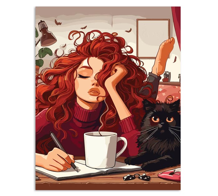 Открытка DecorCenter «Девушка с котом и кофе» мини, 75х95мм