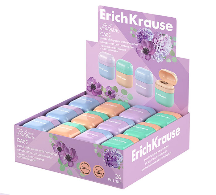 Точилка Erich Krause «Case Pastel Bloom» 1 отверстие, с контейнером, ассорти