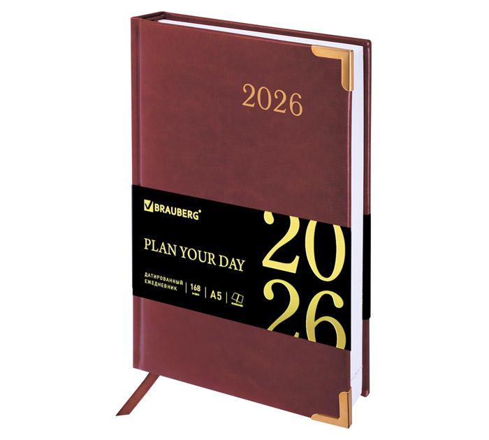 Ежедневник датир. А5 корич. под кожу 2026год Brauberg