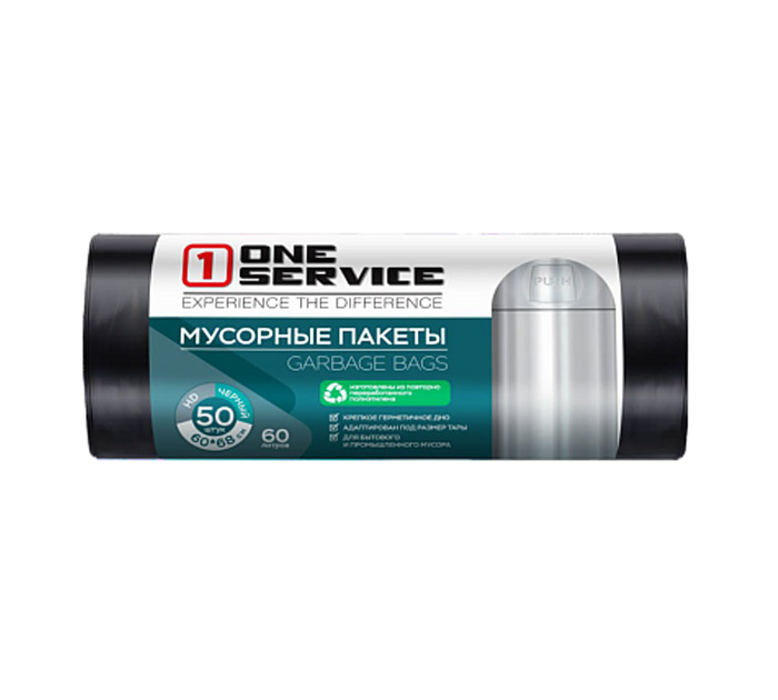Мешки для мусора One Service 60л, 7мкм, 50шт, черные