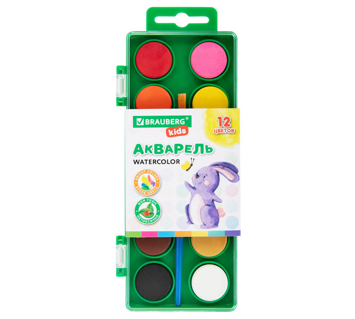 Краски акв. 12цв. с кистью в пласт.пенале Brauberg «Kids» кругл. кювета