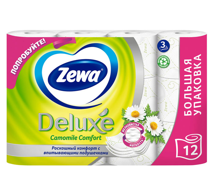 Туал.бум. Zewa Deluxe 3-х слойн. 12шт. бел. с ароматом ромашки