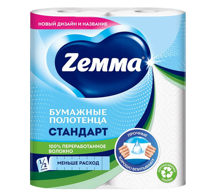 Полотенце бум. 2-слойн. 2рул.  14м бел. Zemma «Стандарт»