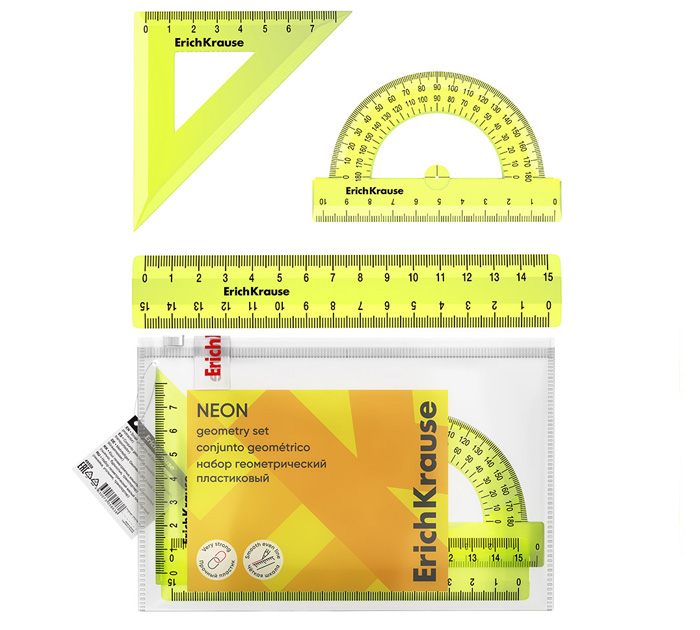 Набор геом. 3пр. (треуг.+лин.15см+тр-р) Erich Krause Neon желт. в zip-пакете