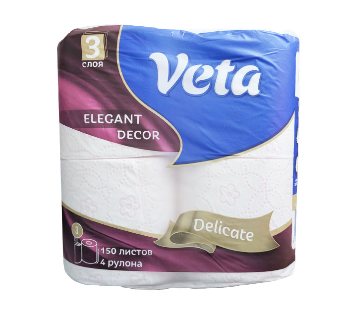 Туал.бум. 3-х слойн. 4рул. 100% целлюлоза Veta Elegant Decor Delicate со втулкой
