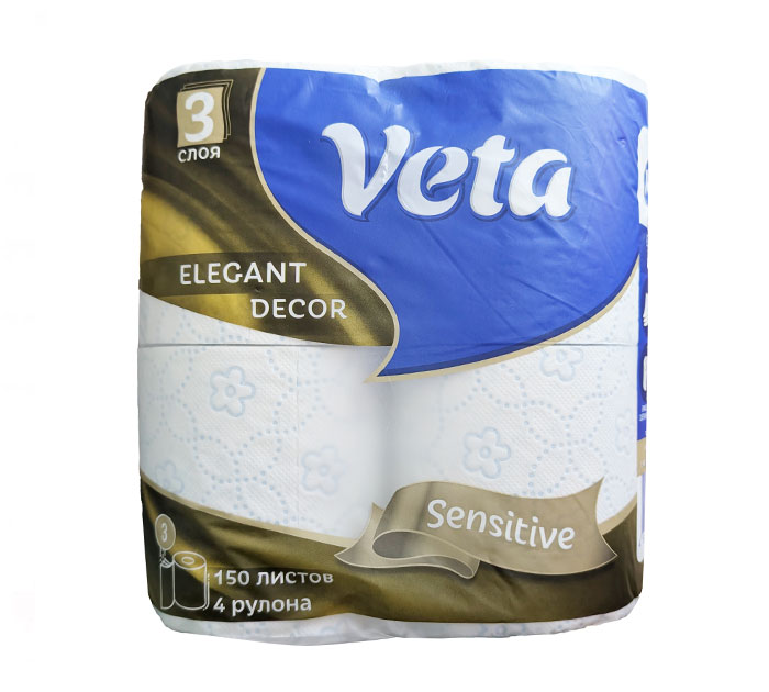 Туал.бум. 3-х слойн. 4рул. 100% целлюлоза Veta Elegant Decor Sensitive со втулкой