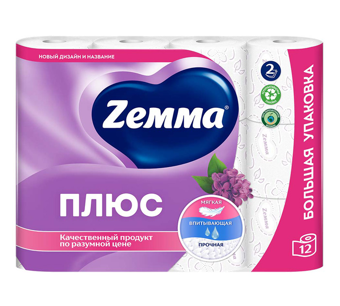 Туалетная бумага Zemma «Плюс» 2-слойная, 12 рулонов, 23м, аромат сирени, со втулкой