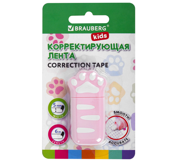 Корректор-лента 6м 5мм роз. Лапки Brauberg «Kids»