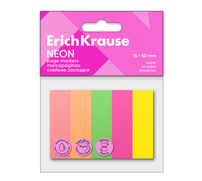 Закладки цветные бум. 15*50мм 5цв. 500л. Neon Erich Krause