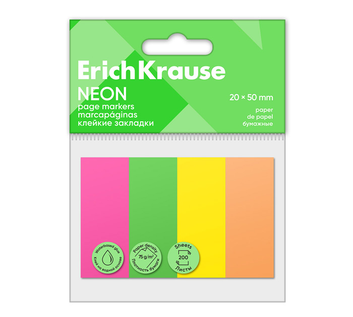 Закладки цветные бум. 20*50мм 4цв. Neon Erich Krause 200л.