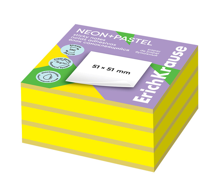 Стикеры 51*51мм 250л. 2цв. Erich Krause Neon+Pastel
