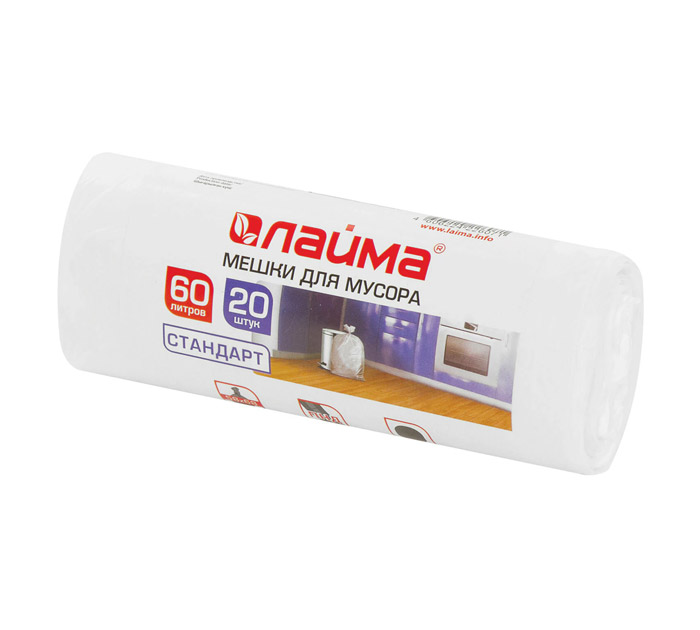Мешки д/мус. 60л бел. 7мкм 20шт. ПНД Laima
