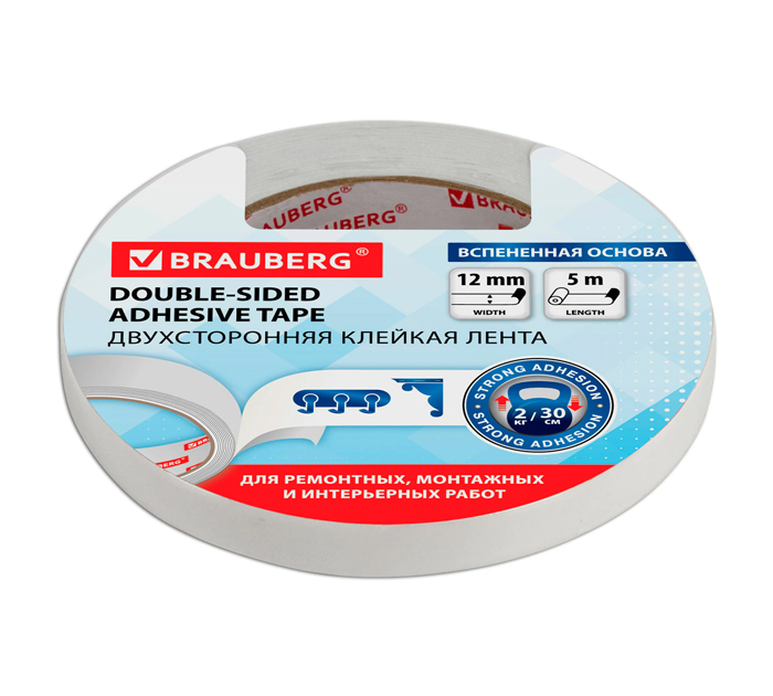 Скотч двухсторон. 12мм 5м на пен.осн. Brauberg