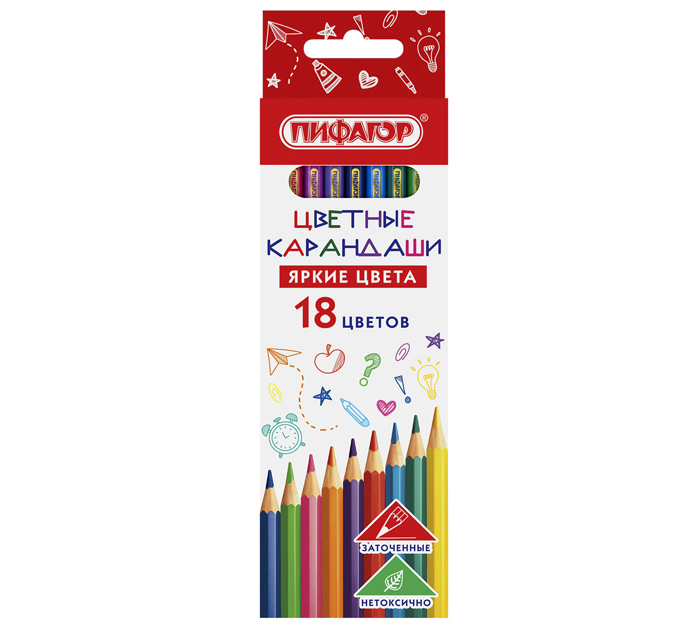 Карандаши цв. 18цв. пласт. шестигр. Пифагор Эко «Классик»