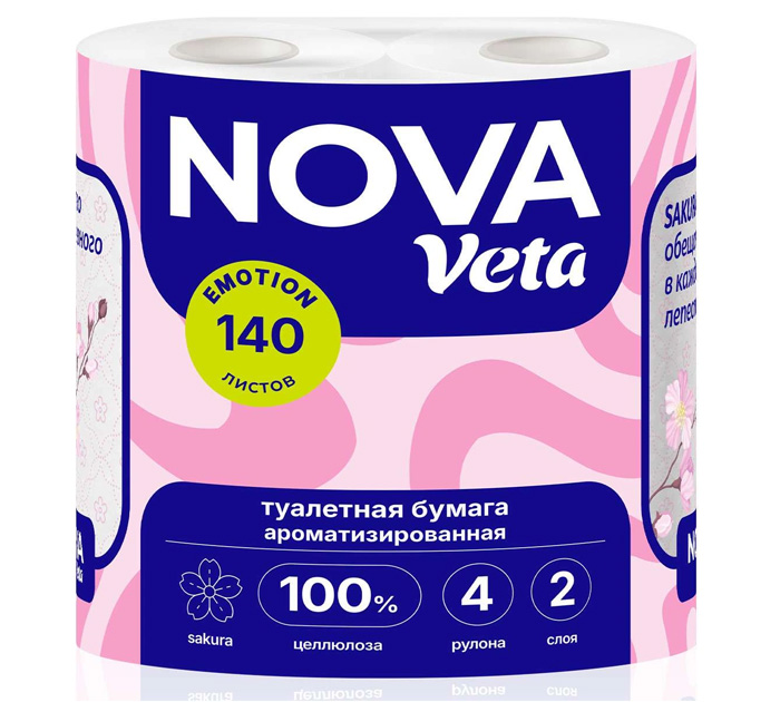 Туал.бум. 2-слойн. 4рул. 100% целлюлоза Nova veta «Emotion sakura»